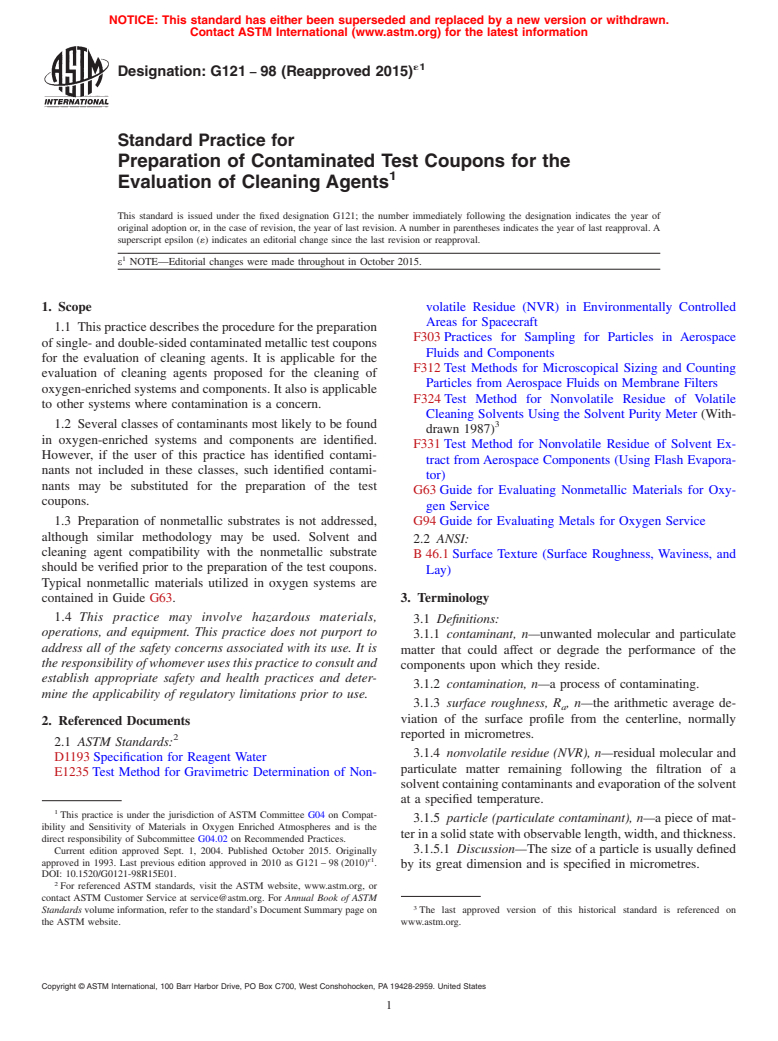 ASTM G121-98(2015)e1 - Standard Practice for  Preparation of Contaminated Test Coupons for the Evaluation  of Cleaning Agents