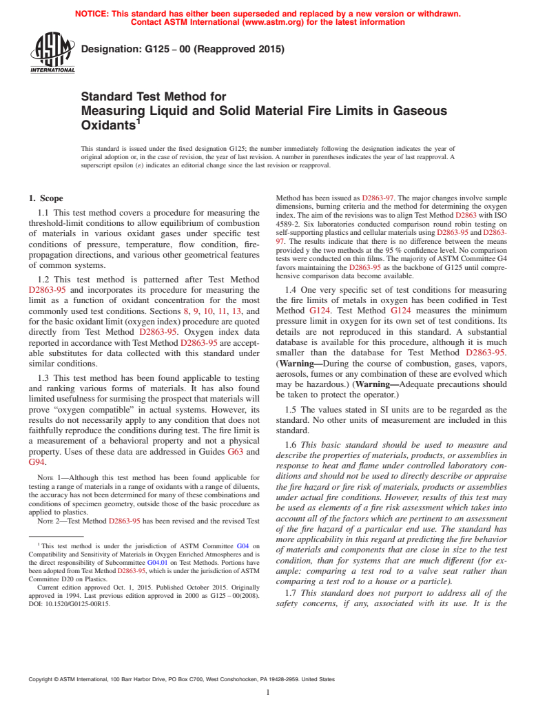 ASTM G125-00(2015) - Standard Test Method for  Measuring Liquid and Solid Material Fire Limits in Gaseous  Oxidants