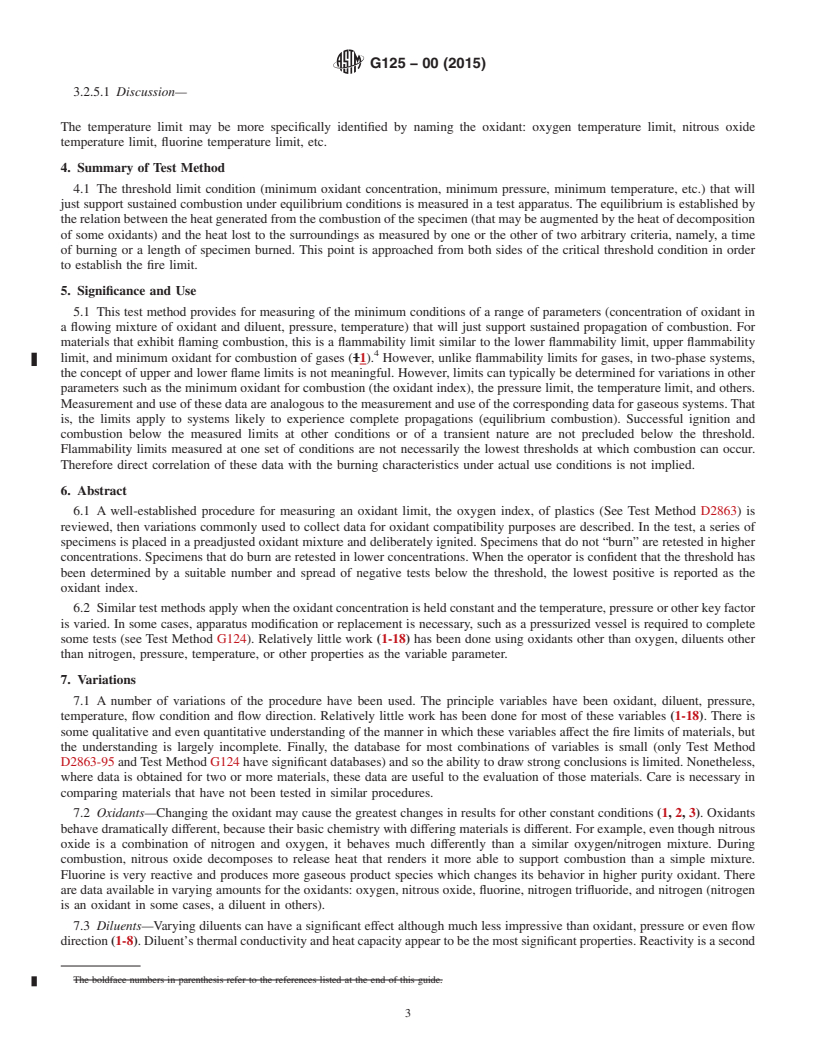 REDLINE ASTM G125-00(2015) - Standard Test Method for  Measuring Liquid and Solid Material Fire Limits in Gaseous  Oxidants