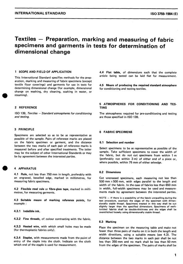 ISO 3759:1984 - Textiles -- Preparation, marking and measuring of fabric specimens and garments in tests for determination of dimensional change