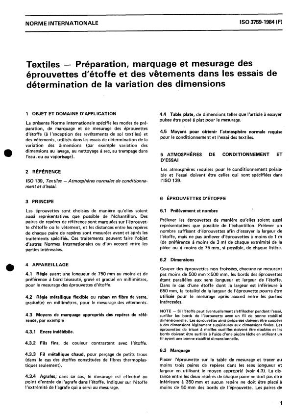 ISO 3759:1984 - Textiles -- Préparation, marquage et mesurage des éprouvettes d'étoffe et des vetements dans les essais de détermination de la variation des dimensions