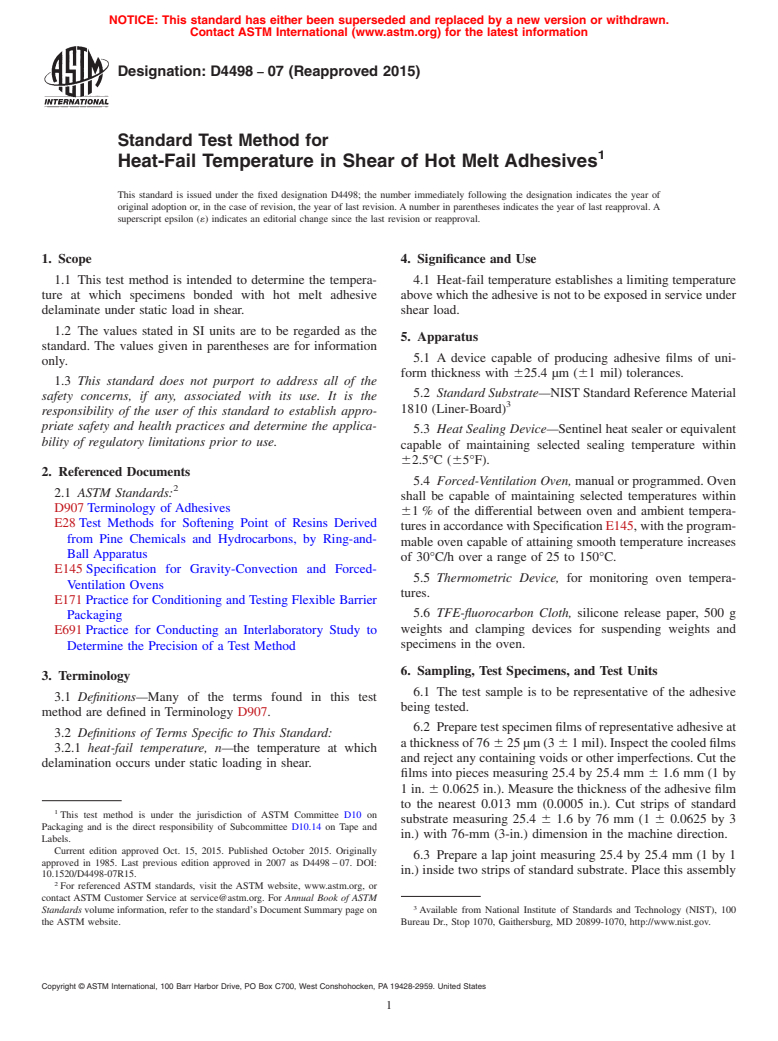 ASTM D4498-07(2015) - Standard Test Method for  Heat-Fail Temperature in Shear of Hot Melt Adhesives (Withdrawn 2021)