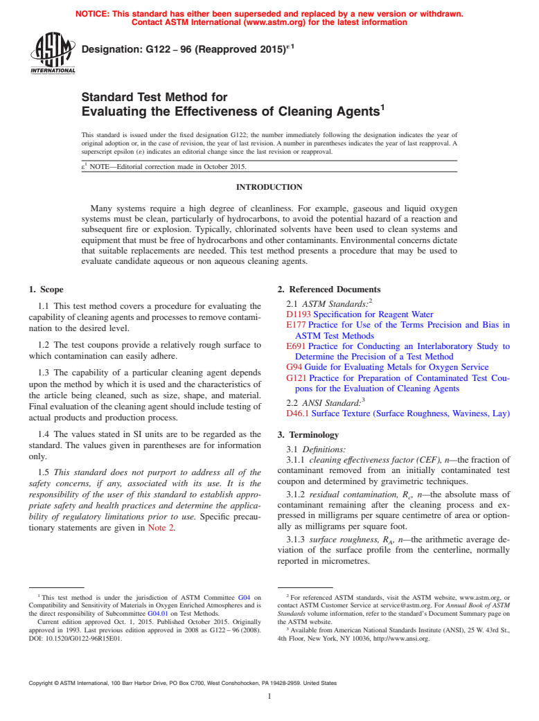 ASTM G122-96(2015)e1 - Standard Test Method for  Evaluating the Effectiveness of Cleaning Agents