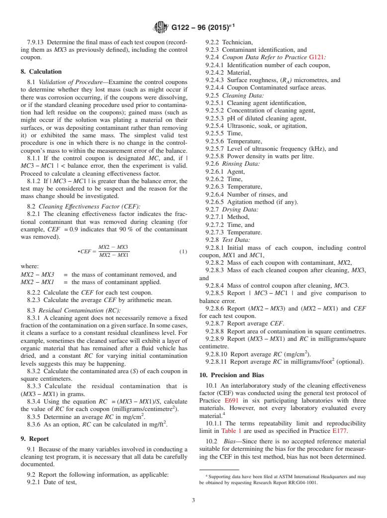 ASTM G122-96(2015)e1 - Standard Test Method for  Evaluating the Effectiveness of Cleaning Agents