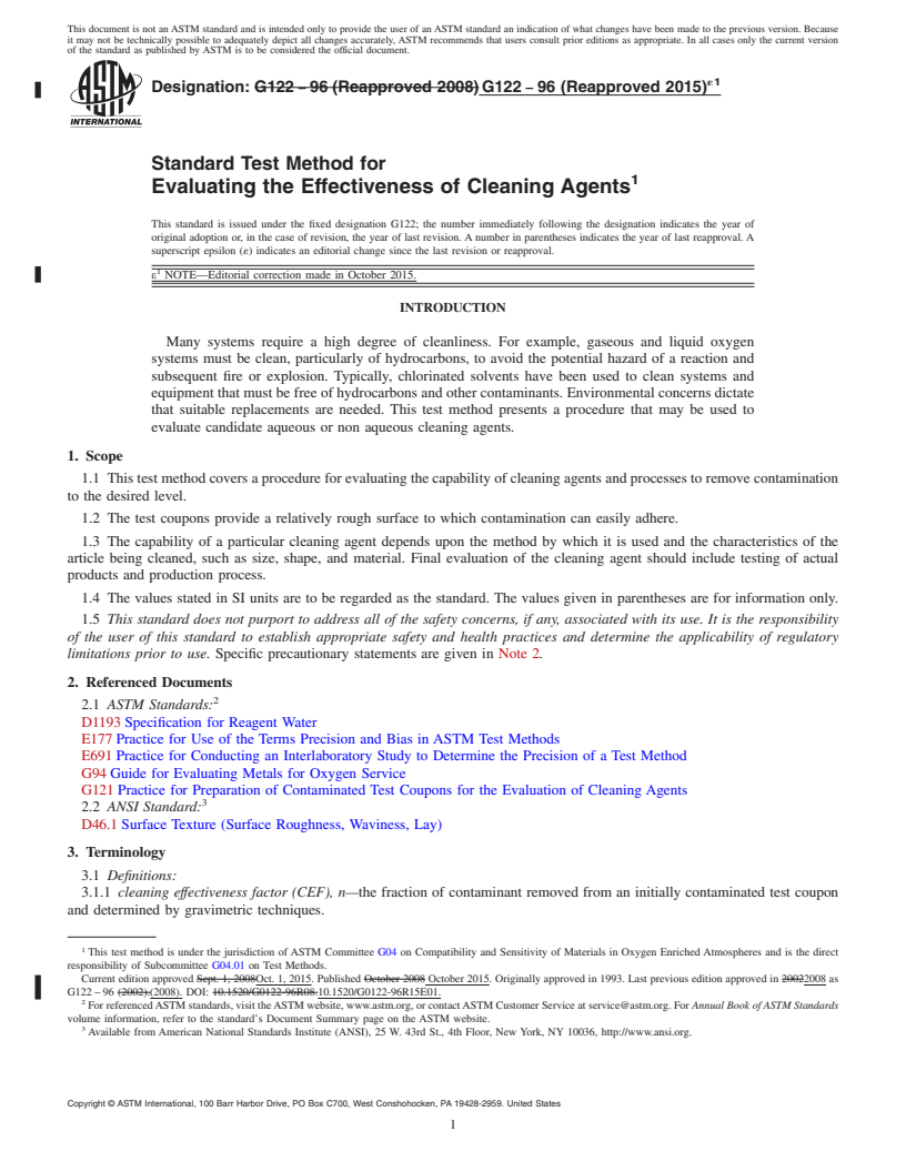 REDLINE ASTM G122-96(2015)e1 - Standard Test Method for  Evaluating the Effectiveness of Cleaning Agents