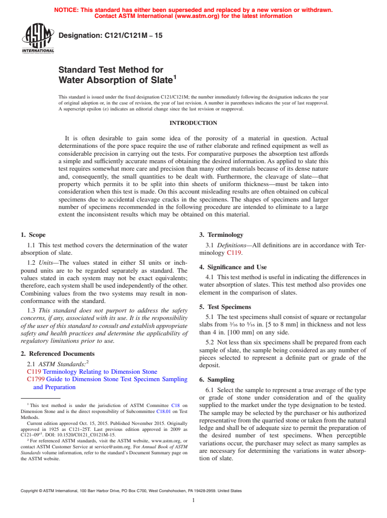 ASTM C121/C121M-15 - Standard Test Method for  Water Absorption of Slate