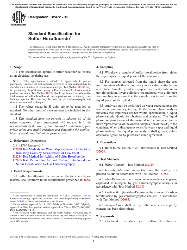 ASTM D2472-15 - Standard Specification for  Sulfur Hexafluoride
