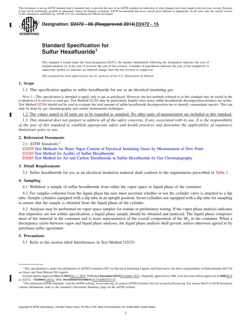 REDLINE ASTM D2472-15 - Standard Specification for  Sulfur Hexafluoride