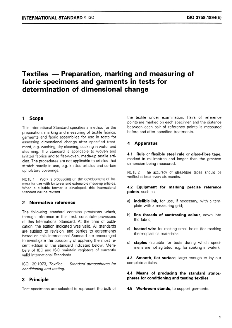 ISO 3759:1994 - Textiles — Preparation, marking and measuring of fabric specimens and garments in tests for determination of dimensional change
Released:12/15/1994
