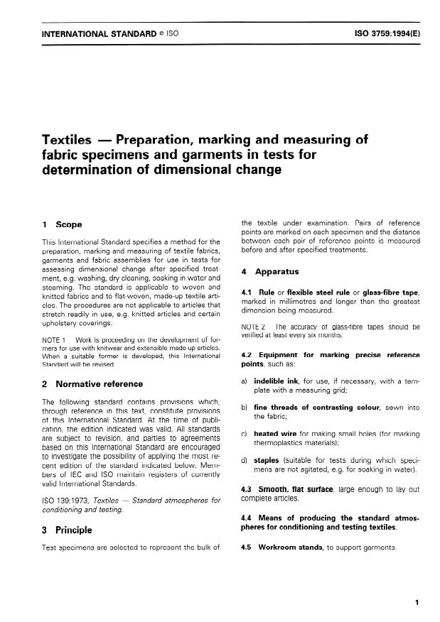 ISO 3759:1994 - Textiles -- Preparation, marking and measuring of fabric specimens and garments in tests for determination of dimensional change