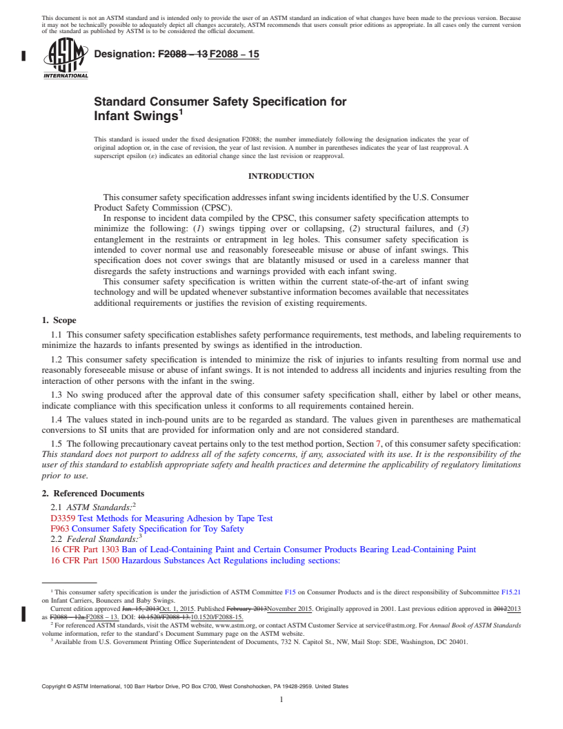 REDLINE ASTM F2088-15 - Standard Consumer Safety Specification for Infant Swings