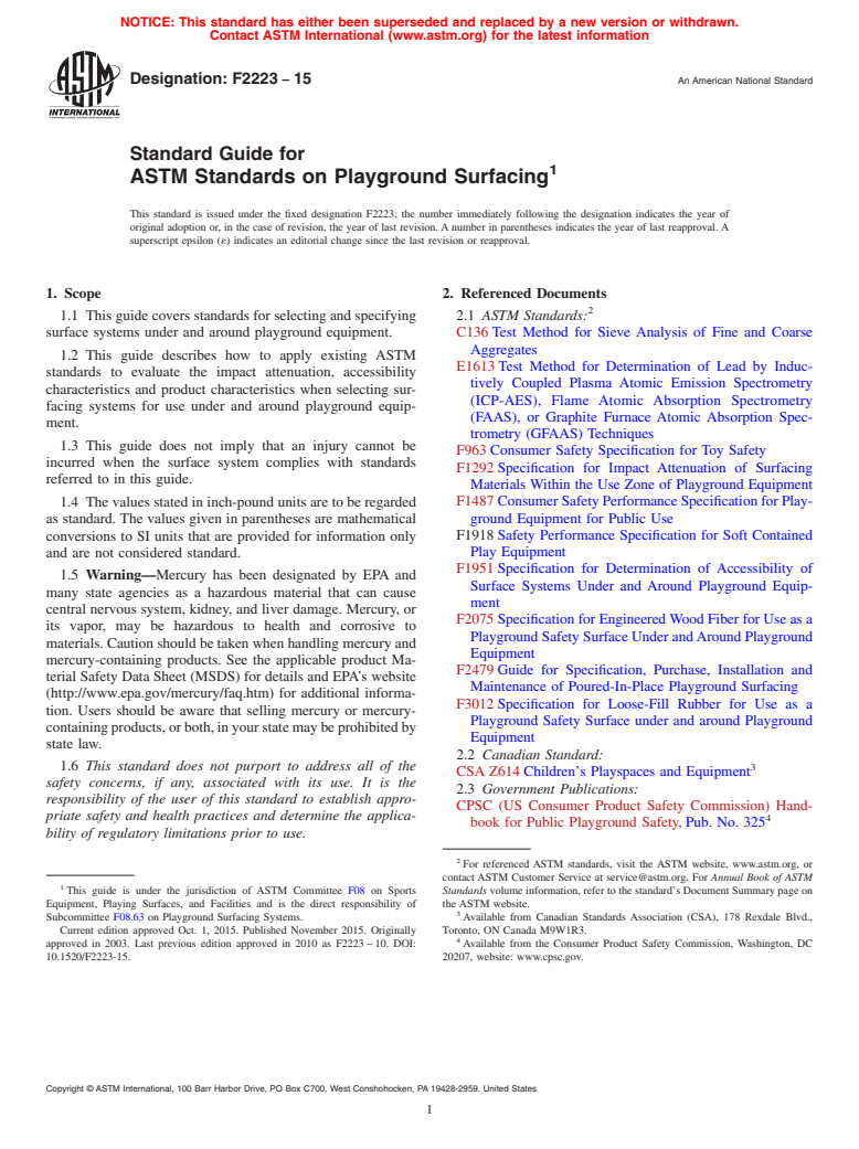 ASTM F2223-15 - Standard Guide for ASTM Standards on Playground Surfacing
