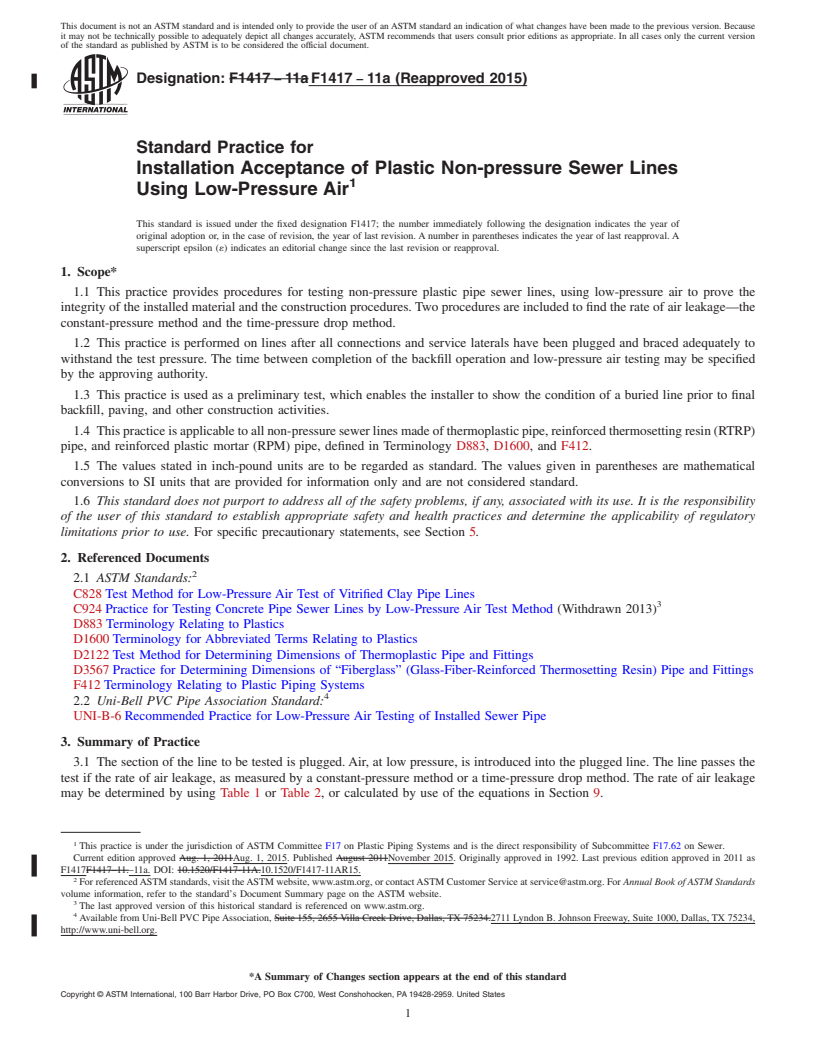 REDLINE ASTM F1417-11a(2015) - Standard Practice for Installation Acceptance of Plastic Non-pressure Sewer Lines  Using Low-Pressure Air