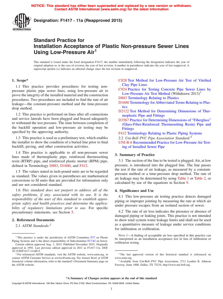 ASTM F1417-11a(2015) - Standard Practice for Installation Acceptance of Plastic Non-pressure Sewer Lines  Using Low-Pressure Air