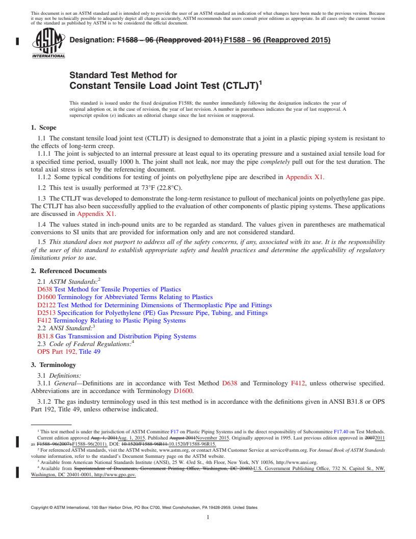 REDLINE ASTM F1588-96(2015) - Standard Test Method for Constant Tensile Load Joint Test (CTLJT)