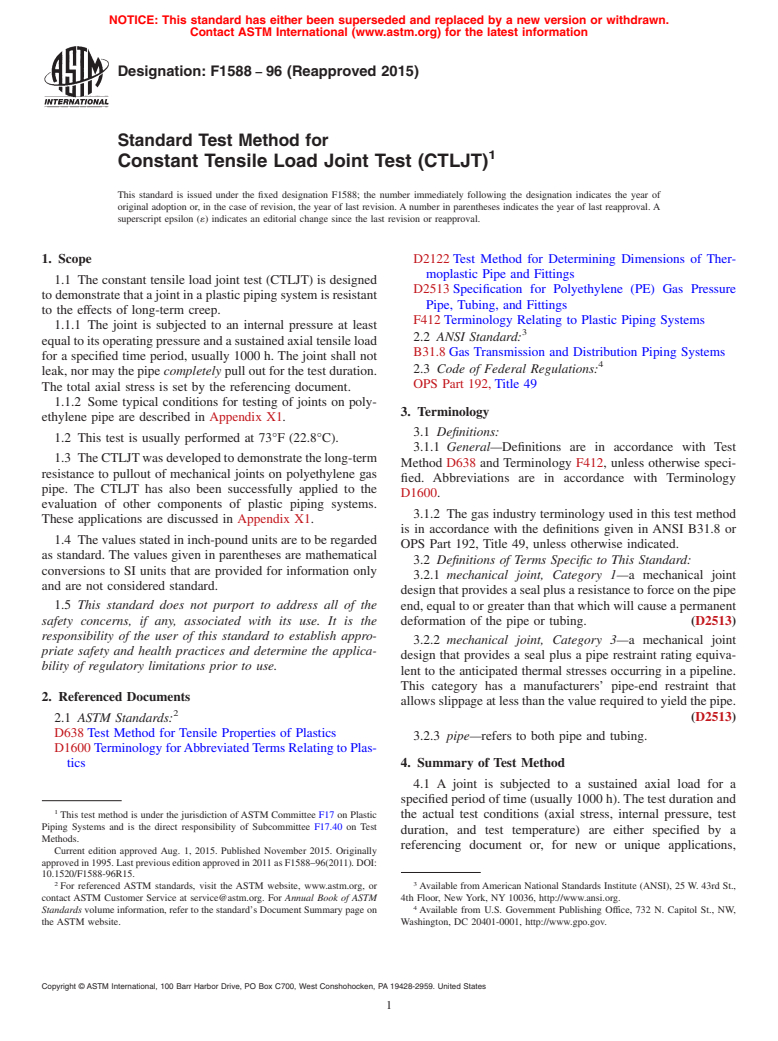 ASTM F1588-96(2015) - Standard Test Method for Constant Tensile Load Joint Test (CTLJT)