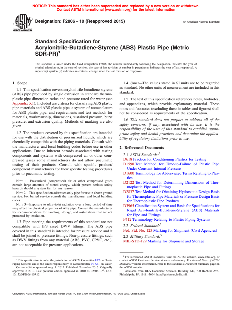 ASTM F2806-10(2015) - Standard Specification for Acrylonitrile-Butadiene-Styrene (ABS) Plastic Pipe (Metric  SDR-PR)