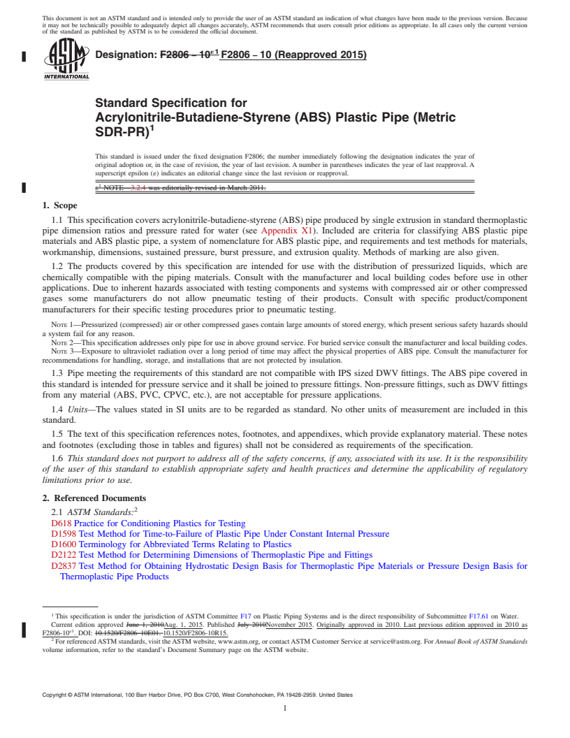 REDLINE ASTM F2806-10(2015) - Standard Specification for Acrylonitrile-Butadiene-Styrene (ABS) Plastic Pipe (Metric  SDR-PR)