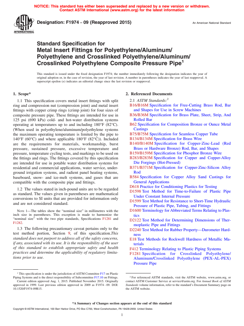 ASTM F1974-09(2015) - Standard Specification for Metal Insert Fittings for Polyethylene/Aluminum/Polyethylene  and Crosslinked Polyethylene/Aluminum/Crosslinked Polyethylene Composite  Pressure Pipe