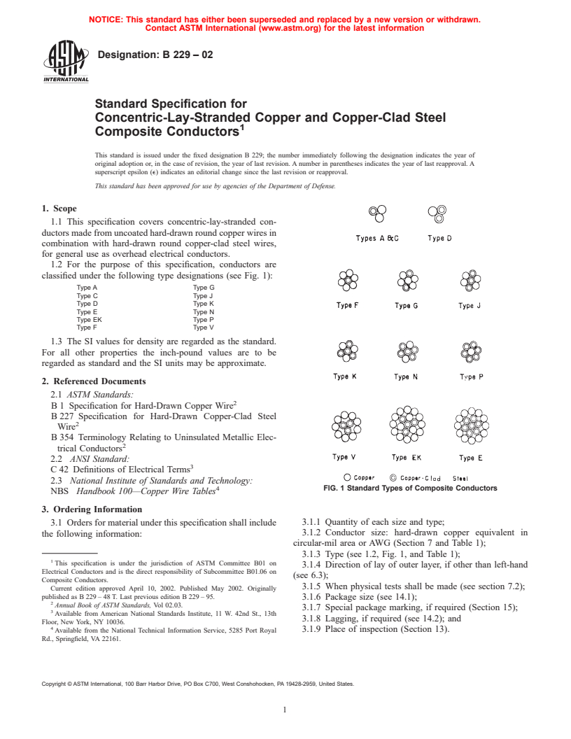 ASTM B229-02 - Standard Specification for Concentric-Lay-Stranded Copper and Copper-Clad Steel Composite Conductors