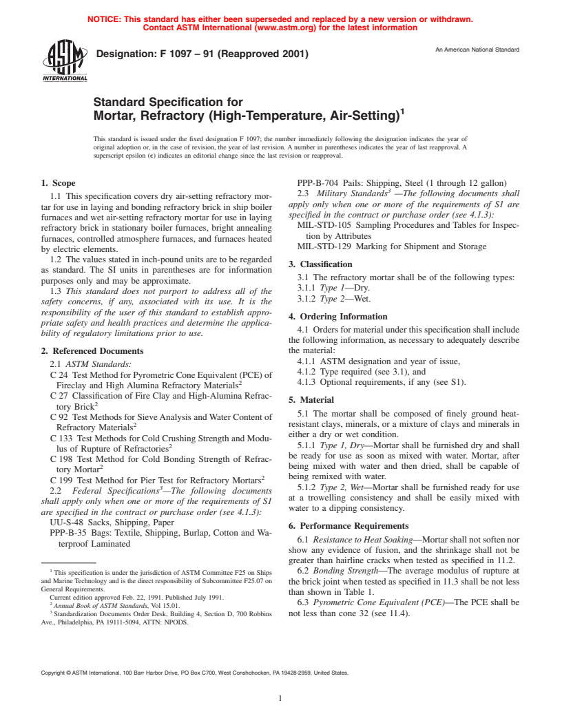 ASTM F1097-91(2001) - Standard Specification for Mortar, Refractory (High-Temperature, Air-Setting)