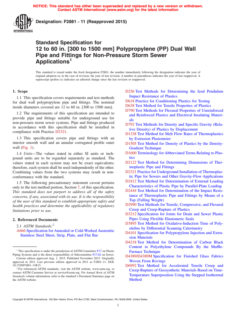 ASTM F2881-11(2015) - Standard Specification for 12 to 60 in. [300 to 1500 mm] Polypropylene (PP) Dual Wall  Pipe and Fittings for Non-Pressure Storm Sewer Applications