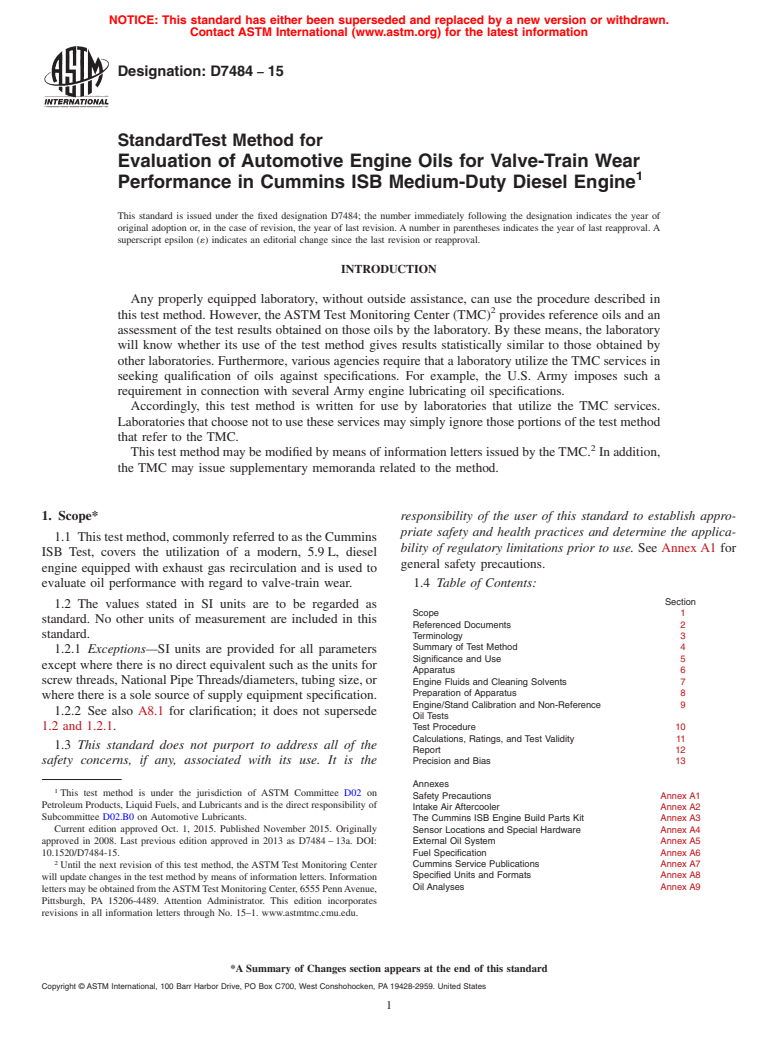 ASTM D7484-15 - Standard Test Method for Evaluation of Automotive Engine Oils for Valve-Train Wear Performance  in Cummins ISB Medium-Duty Diesel Engine