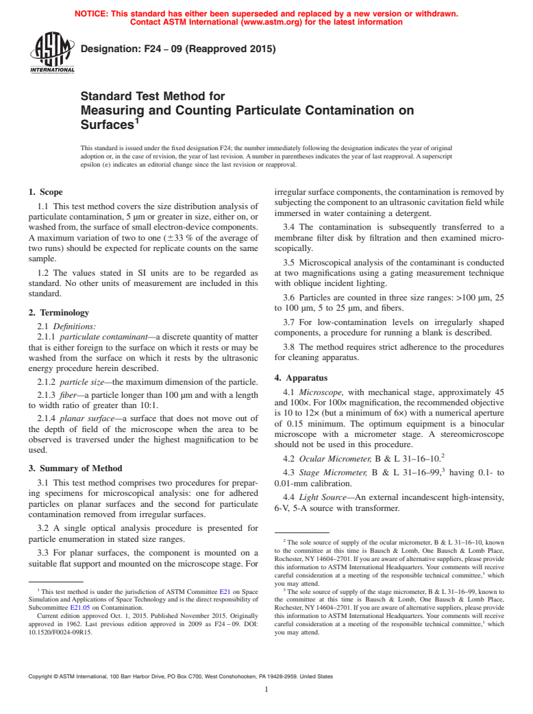 ASTM F24-09(2015) - Standard Test Method for  Measuring and Counting Particulate Contamination on Surfaces