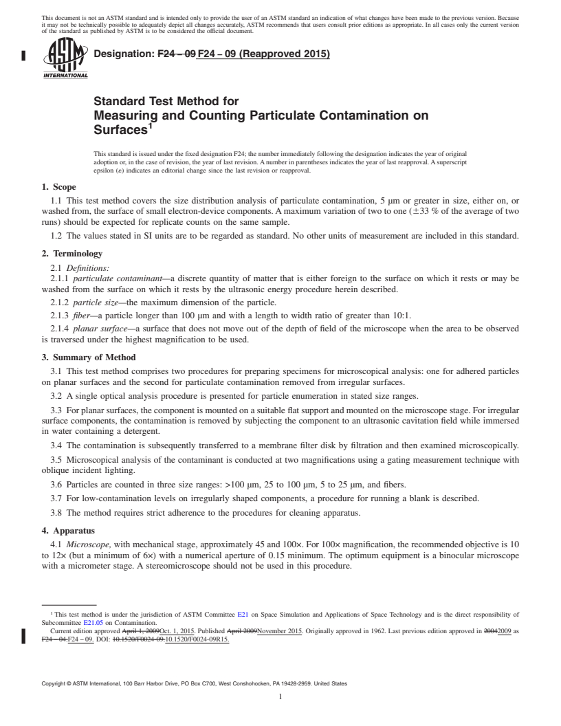 REDLINE ASTM F24-09(2015) - Standard Test Method for  Measuring and Counting Particulate Contamination on Surfaces