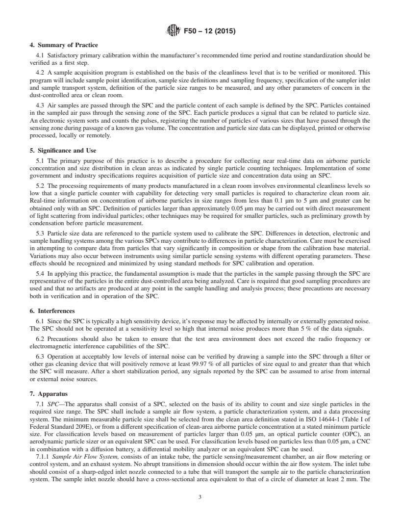 REDLINE ASTM F50-12(2015) - Standard Practice for  Continuous Sizing and Counting of Airborne Particles in Dust-Controlled  Areas and Clean Rooms Using Instruments Capable of Detecting Single  Sub-Micrometre and Larger Particles