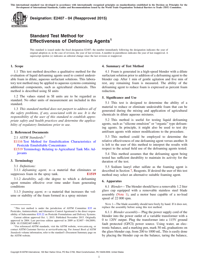 ASTM E2407-04(2015) - Standard Test Method for  Effectiveness of Defoaming Agents