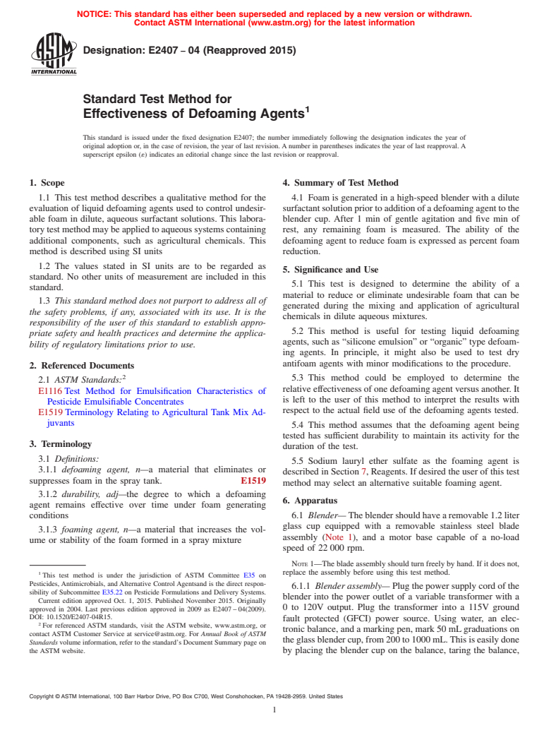 ASTM E2407-04(2015) - Standard Test Method for  Effectiveness of Defoaming Agents (Withdrawn 2024)