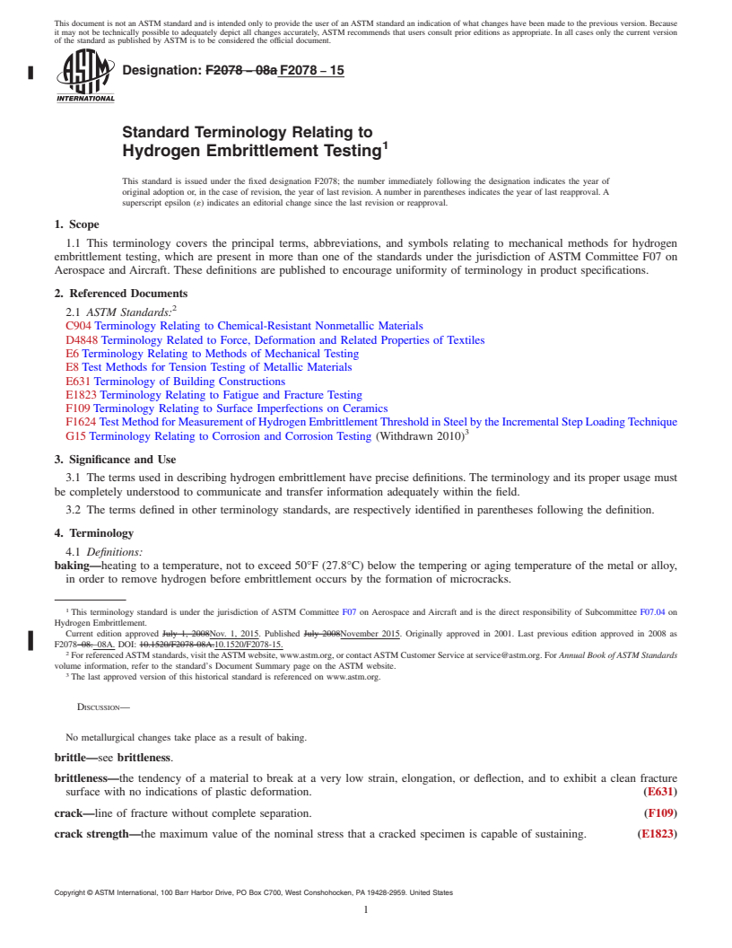 REDLINE ASTM F2078-15 - Standard Terminology Relating to  Hydrogen Embrittlement Testing