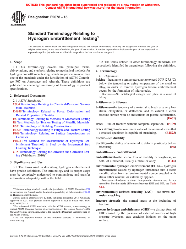 ASTM F2078-15 - Standard Terminology Relating to  Hydrogen Embrittlement Testing