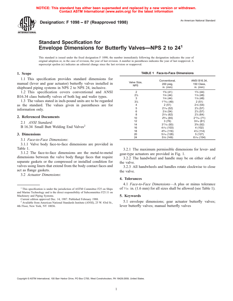 ASTM F1098-87(1998) - Standard Specification for Envelope Dimensions for Butterfly Valves-NPS 2 to 24