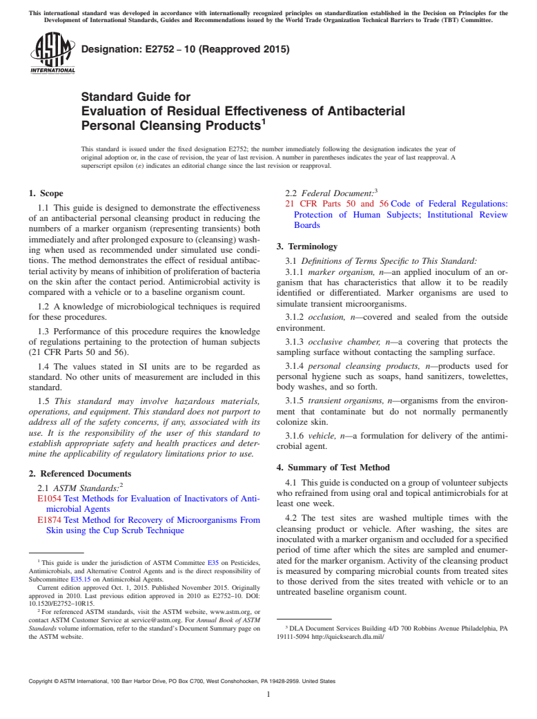 ASTM E2752-10(2015) - Standard Guide for  Evaluation of Residual Effectiveness of Antibacterial Personal  Cleansing Products