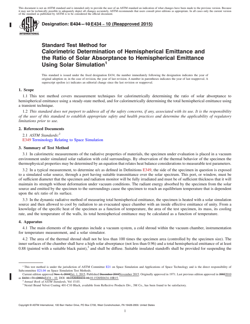 REDLINE ASTM E434-10(2015) - Standard Test Method for  Calorimetric Determination of Hemispherical Emittance and the  Ratio of Solar Absorptance to Hemispherical Emittance Using Solar  Simulation