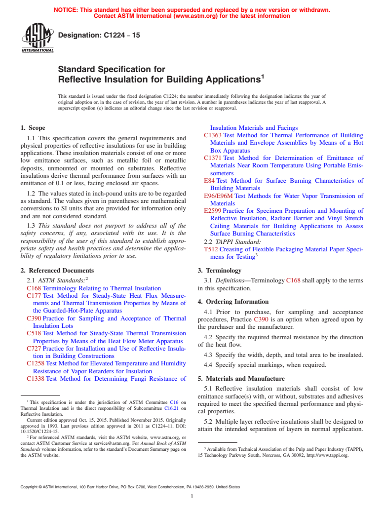 ASTM C1224-15 - Standard Specification for  Reflective Insulation for Building Applications