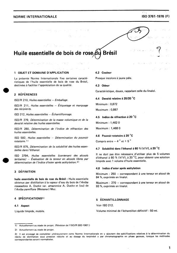 ISO 3761:1976 - Huile essentielle de bois de rose du Brésil