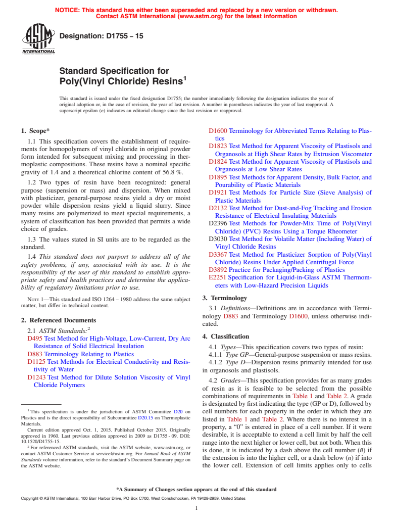 ASTM D1755-15 - Standard Specification for  Poly(Vinyl Chloride) Resins