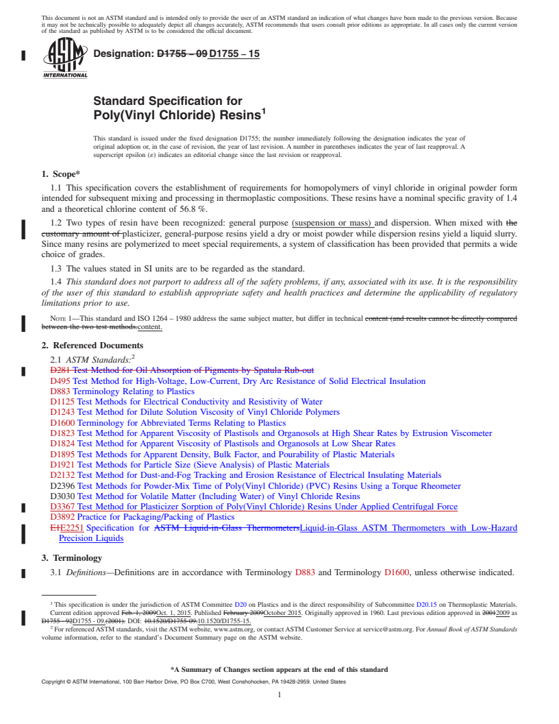 REDLINE ASTM D1755-15 - Standard Specification for  Poly(Vinyl Chloride) Resins