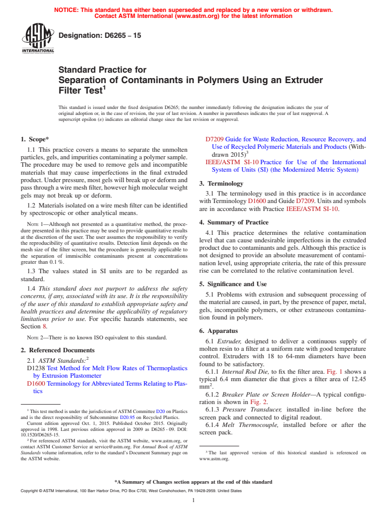 ASTM D6265-15 - Standard Practice for Separation of Contaminants in Polymers Using an Extruder Filter  Test