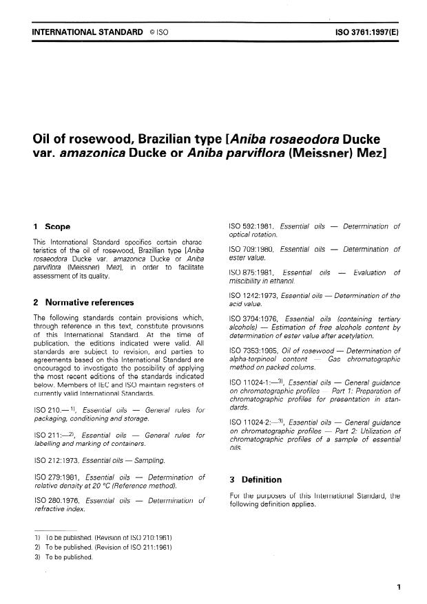 ISO 3761:1997 - Oil of rosewood, Brazilian type (Aniba rosaeodora Ducke var. amazonica Ducke or Aniba parviflora (Meissner) Mez)