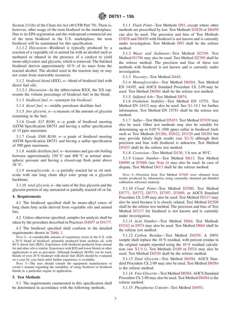 ASTM D6751-15b - Standard Specification for Biodiesel Fuel Blend Stock (B100) for Middle Distillate Fuels