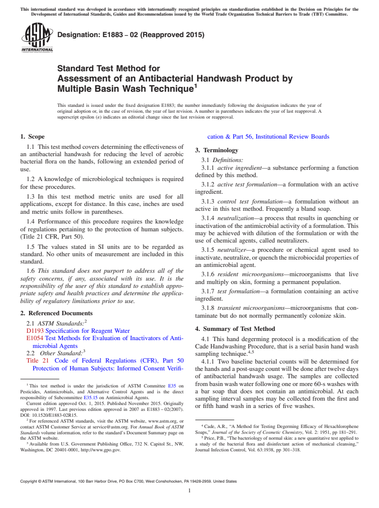 ASTM E1883-02(2015) - Standard Test Method for Assessment of an Antibacterial Handwash Product by Multiple  Basin Wash Technique