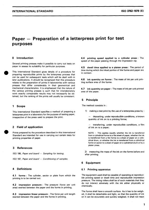 ISO 3762:1979 - Paper -- Preparation of a letterpress print for test purposes