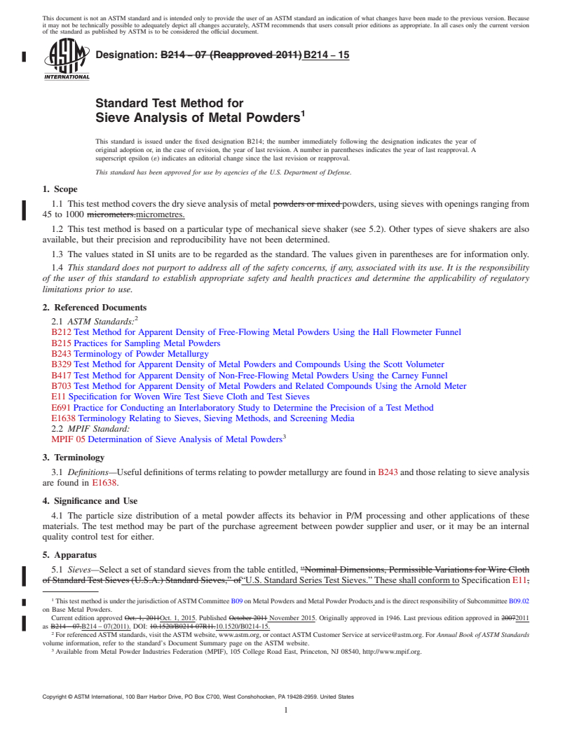 REDLINE ASTM B214-15 - Standard Test Method for  Sieve Analysis of  Metal Powders