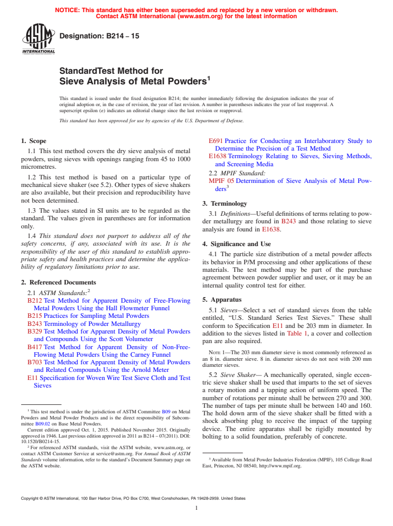 ASTM B214-15 - Standard Test Method for  Sieve Analysis of  Metal Powders