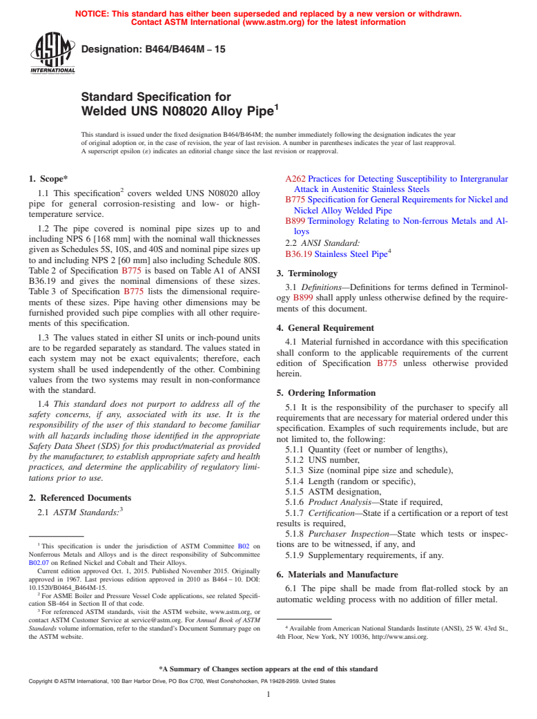 ASTM B464/B464M-15 - Standard Specification for Welded UNS N08020 Alloy Pipe