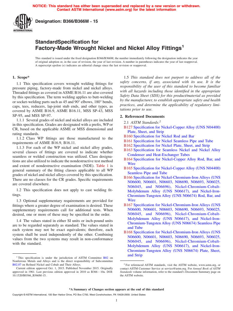 ASTM B366/B366M-15 - Standard Specification for Factory-Made Wrought Nickel and Nickel Alloy Fittings